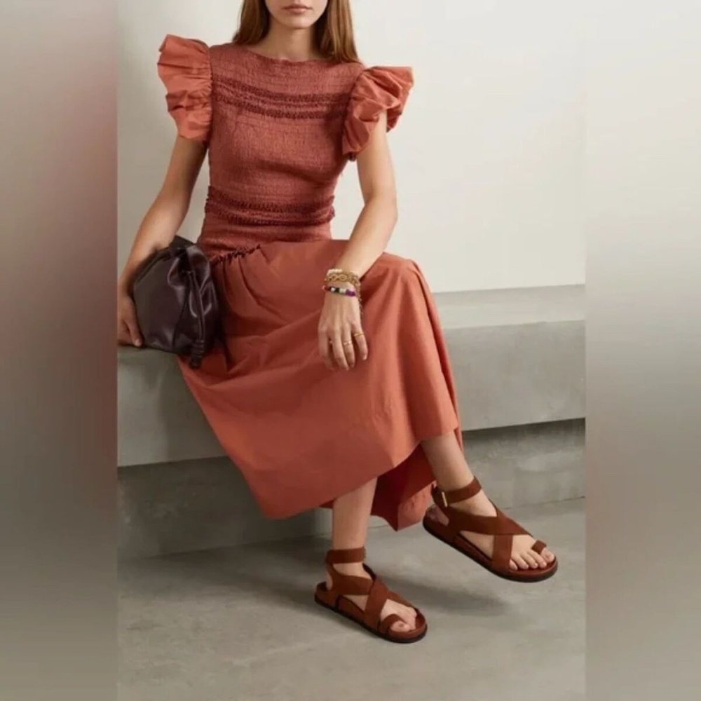 Ulla Johnson Midi Dress Smocked Cotton Poplin Madeline Clay size 8 FA220150 New - Picture 2 of 15